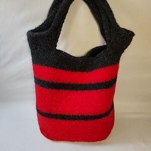 Vintage Handmade Felted Wool tote Bag Red Black stripes knit purse Artisan Boho